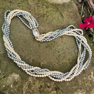 1950's Art Nouveau Box Clasp German SIlver 6 Strand 2 Tone Faux Pearl Necklace